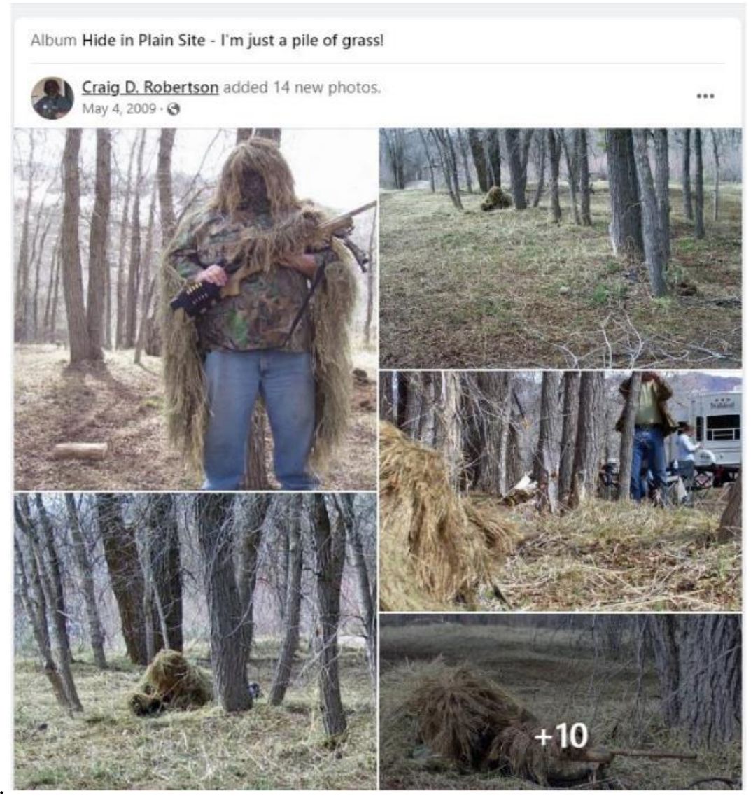 Facebook post of Craig Robertson in ghillie suit